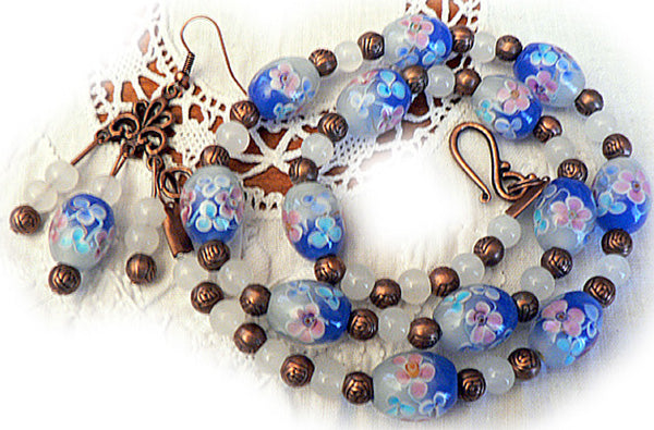 Parure en perles de verre fleuries (Bleu)P244
