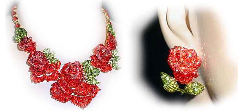 Grande parure en strass représentant des roses rouges nacrelune.com parure