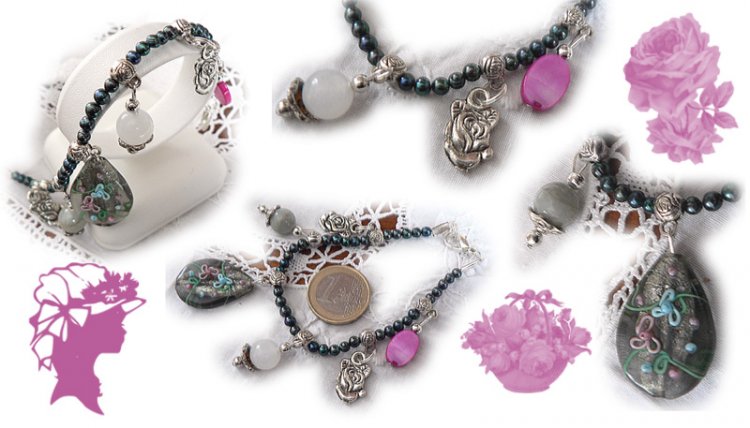 Bracelet perles fines avec breloques quartz, nacre rose et perle de verre PRB12 artisanat