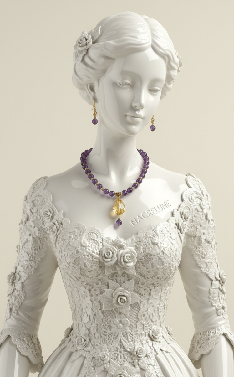 Parure Amethystes Veritables & Grande Citrine Facettee - Apaisement Abondance & Harmonie Spirituelle | NACRELUNE NACRELUNE parure