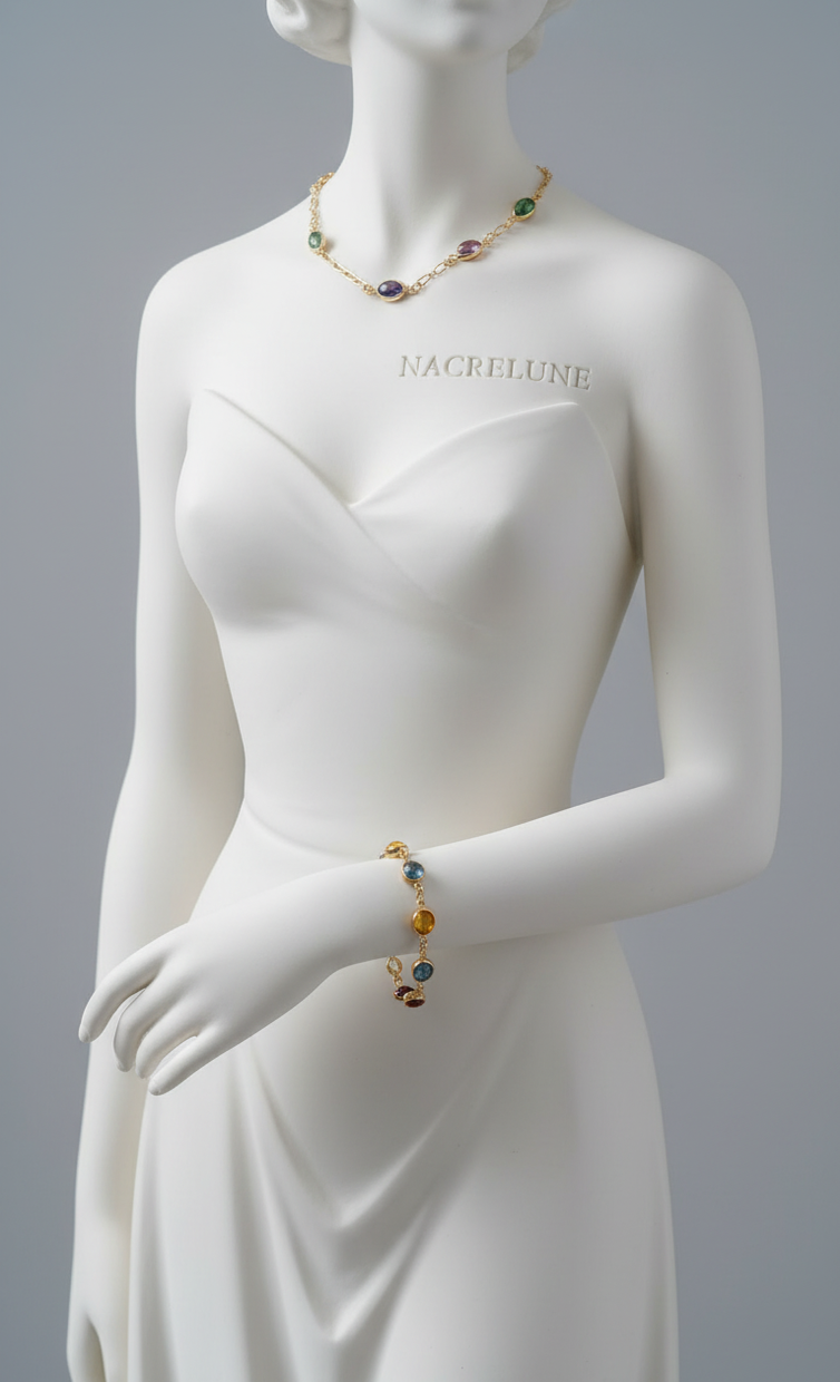 Parure Collier & Bracelet Plaque Or avec Pierres Fines - Topaze, Grenat, Citrine & Peridot | NACRELUNE NACRELUNE parure