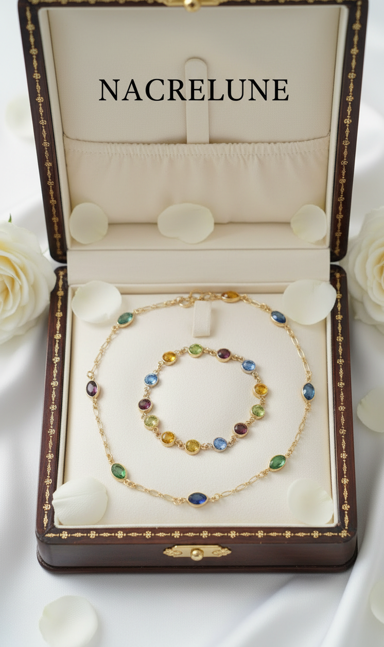 Parure Collier & Bracelet Plaque Or avec Pierres Fines - Topaze, Grenat, Citrine & Peridot | NACRELUNE NACRELUNE parure