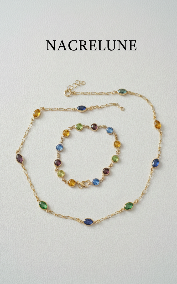 Parure Collier & Bracelet Plaque Or avec Pierres Fines - Topaze, Grenat, Citrine & Peridot | NACRELUNE NACRELUNE parure