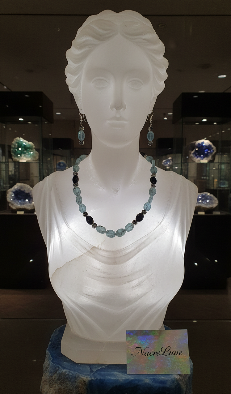 Parure Cyanite & Onyx | Collier et Boucles d'Oreilles | NACRELUNE nacrelune.com parure