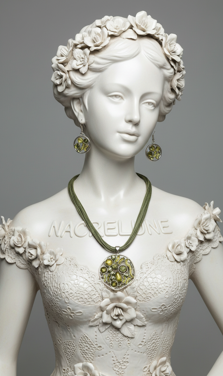 Parure Pendentif Email & Strass Vert avec Boucles Assorties - Fraicheur Naturelle & Eclat Printanier | NACRELUNE NACRELUNE parure