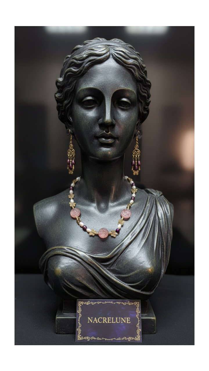 Parure Fleurs Quartz Rouges & Perles de Culture Bicolores | Collier et Boucles d'Oreilles | NACRELUNE nacrelune.com parure