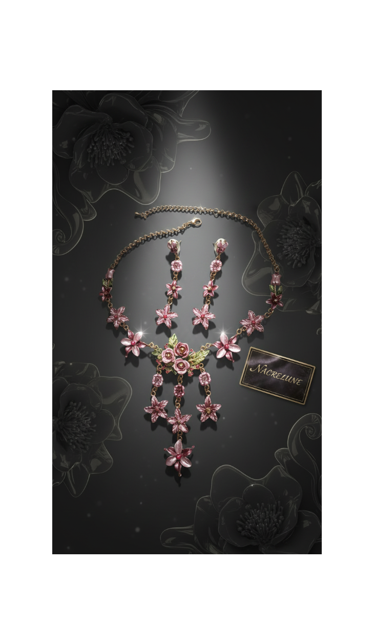 Parure Fleurs en Émail Rose | Collier, Boucles d'Oreilles & Bracelet | NACRELUNE nacrelune.com parure