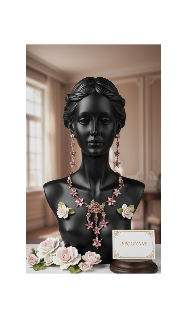Parure Fleurs en Émail Rose | Collier, Boucles d'Oreilles & Bracelet | NACRELUNE nacrelune.com parure