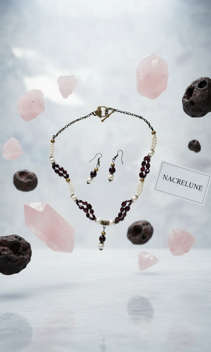 Garnet Pearl Cultured Necklace Natural Loops Set