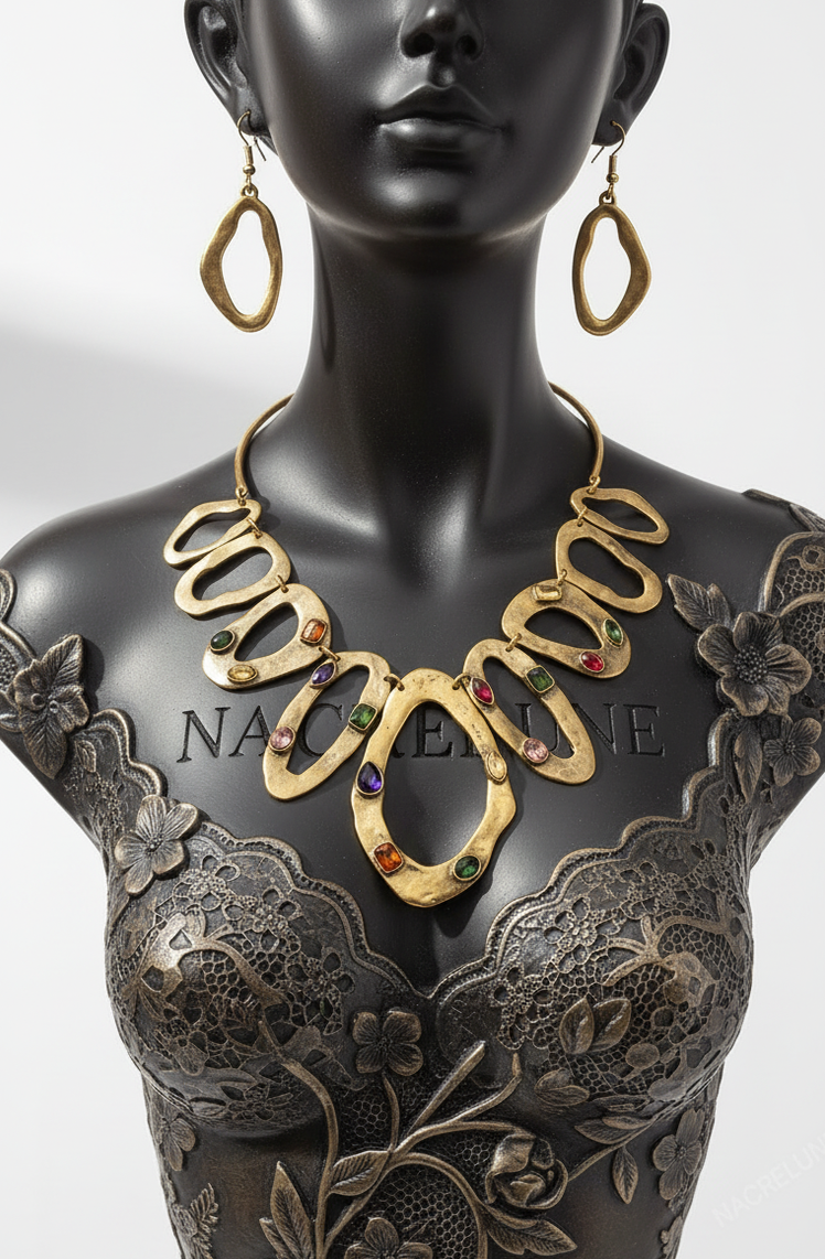 Parure Metal Martele Dore & Zirconias Multicolores - Eclat Colore & Chic Contemporain | NACRELUNE NACRELUNE parure