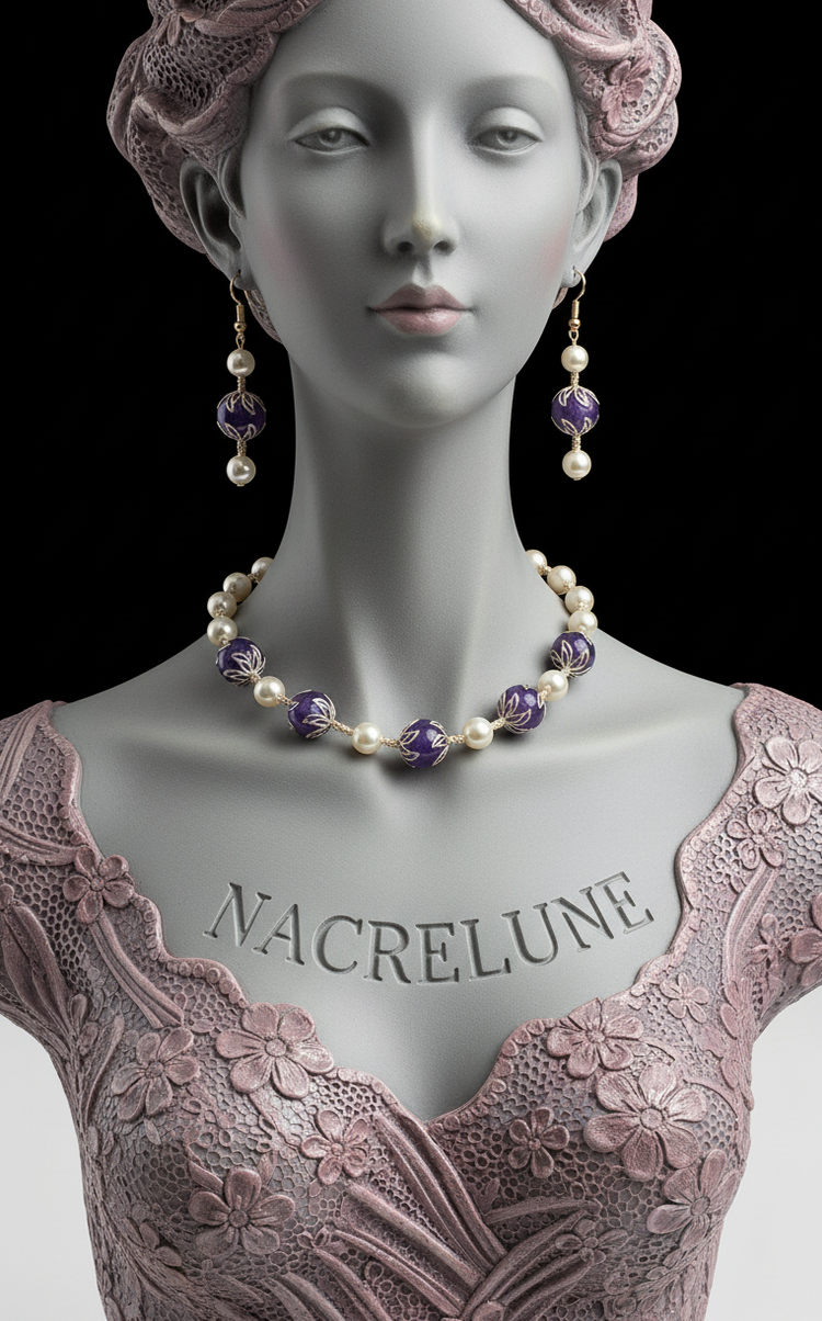 Parure Nacre & Amethystes Veritables Polies - Apaisement Intuition & Protection | NACRELUNE NACRELUNE parure