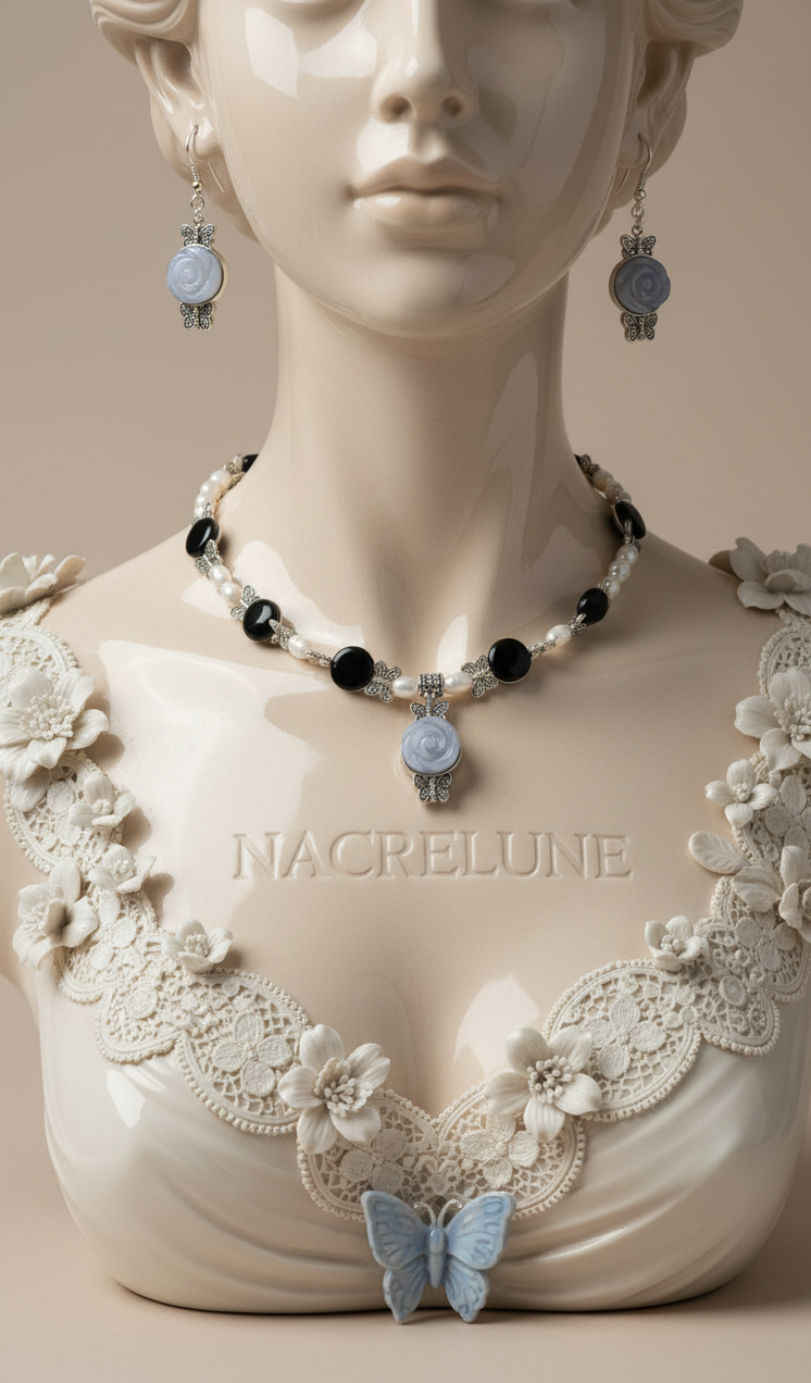 Parure Obsidienne, Fleurs Oeil de Chat & Perles de Culture - Protection & Chance | NACRELUNE NACRELUNE parure