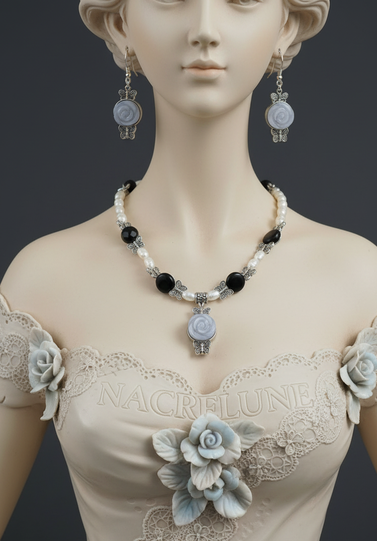 Parure Obsidienne, Fleurs Oeil de Chat & Perles de Culture - Protection & Chance | NACRELUNE NACRELUNE parure