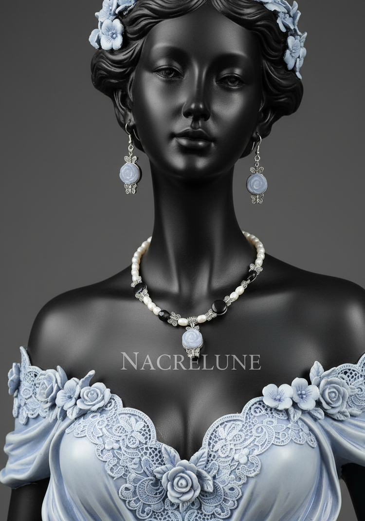 Parure Obsidienne, Fleurs Oeil de Chat & Perles de Culture - Protection & Chance | NACRELUNE NACRELUNE parure