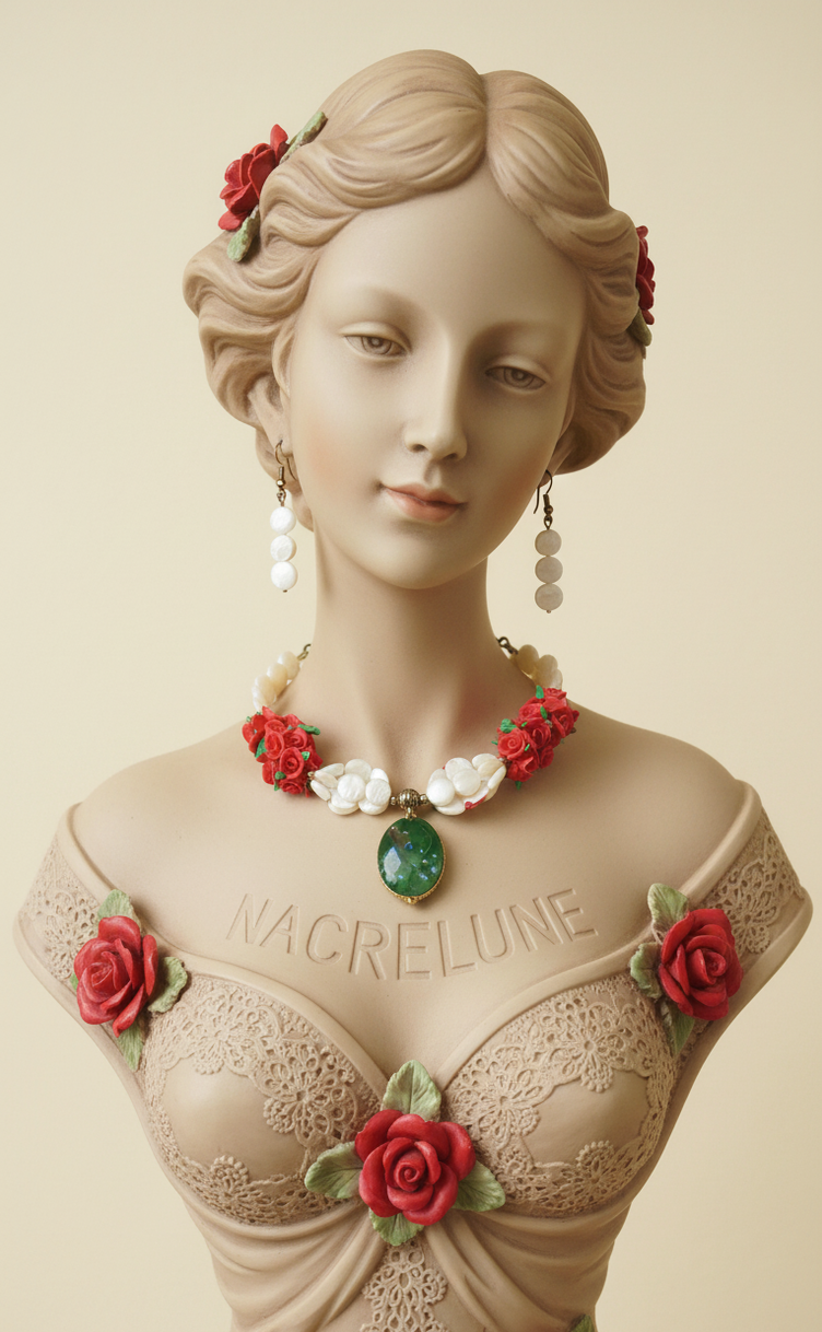 Parure Pastilles de Nacre, Roses Rouges en Fimo & Grande Perle Verre Decore - Douceur & Protection | NACRELUNE NACRELUNE parure