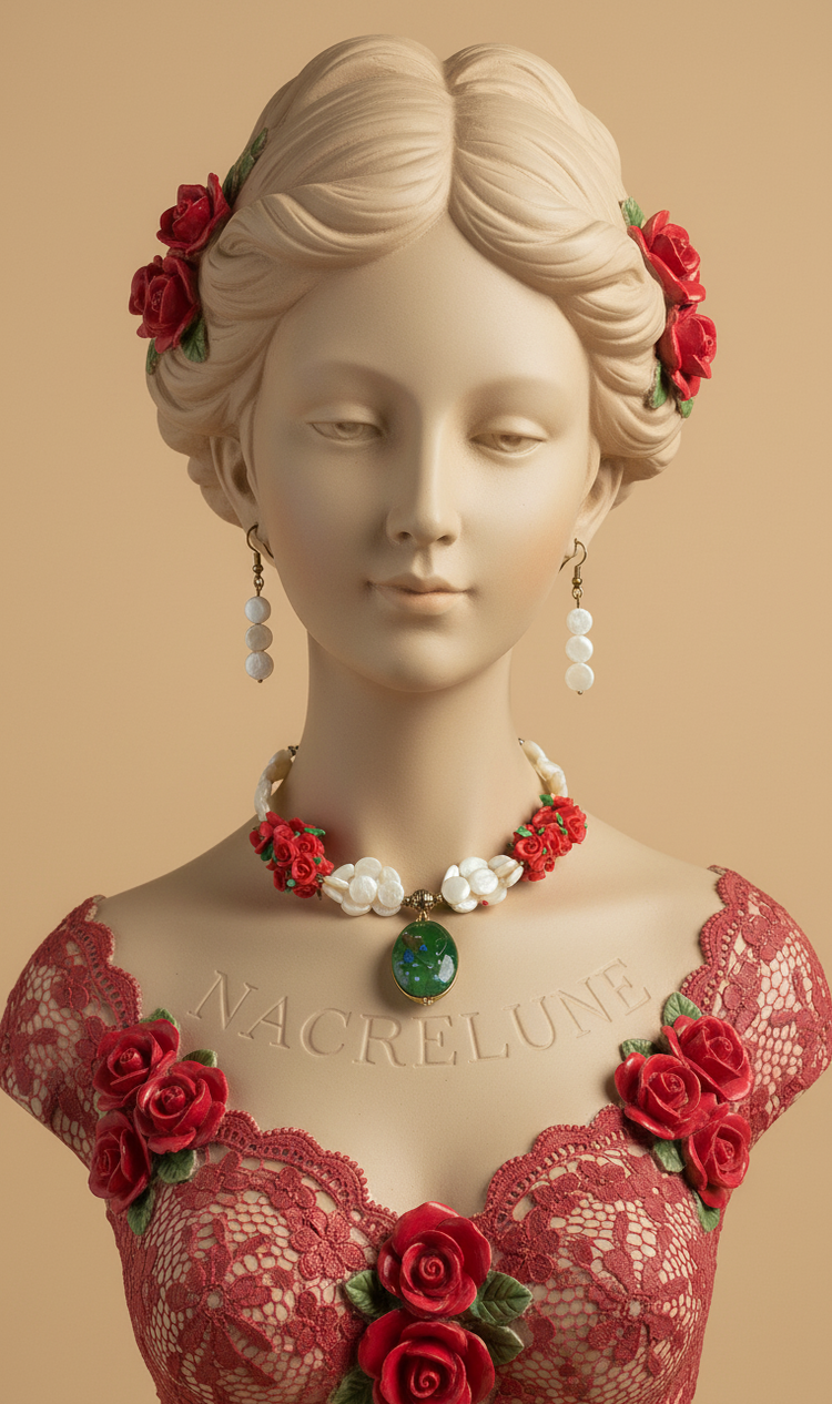 beaded jewelry set with mother-of-pearl discs, small red polymer clay roses and a large decorated glass bead