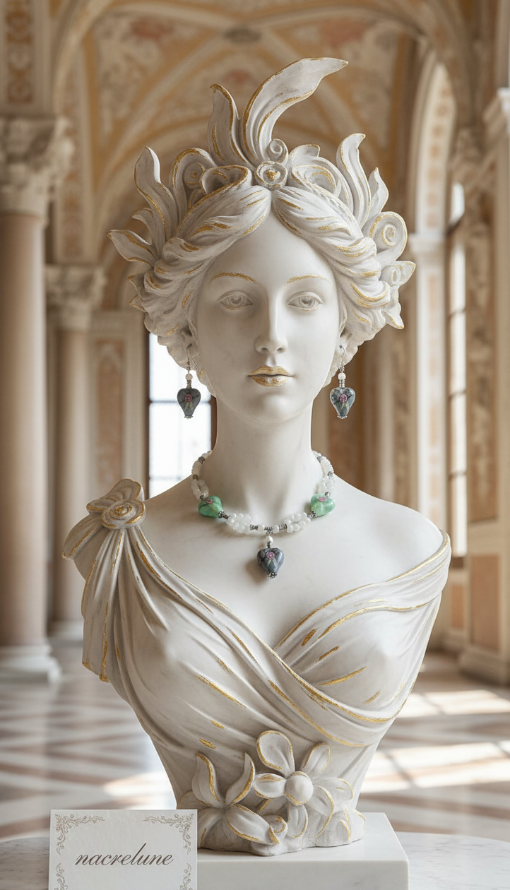Parure Perles de Verre | Cœurs Verts & Gris Décorés | NACRELUNE nacrelune.com parure
