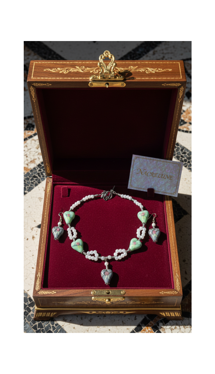 Parure Perles de Verre | Cœurs Verts & Gris Décorés | NACRELUNE nacrelune.com parure