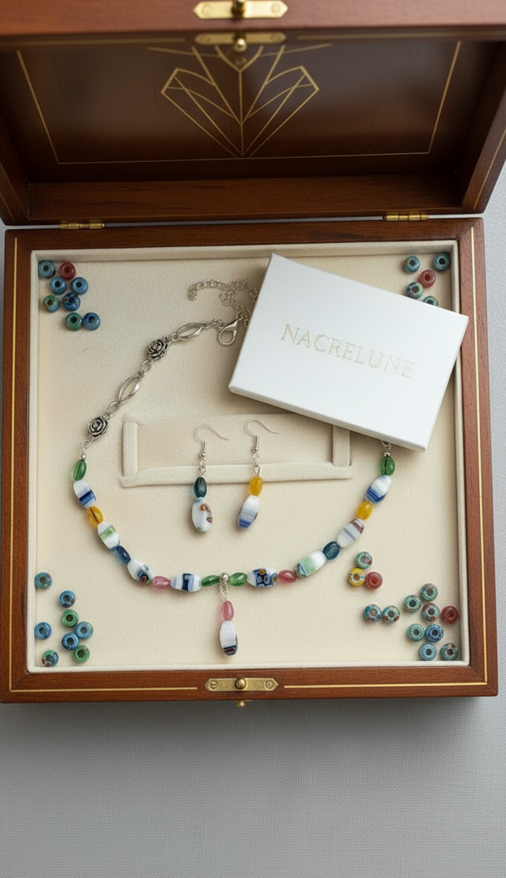 Parure Perles de Verre Colorées | Collier et Boucles d'Oreilles | NACRELUNE nacrelune.com parure
