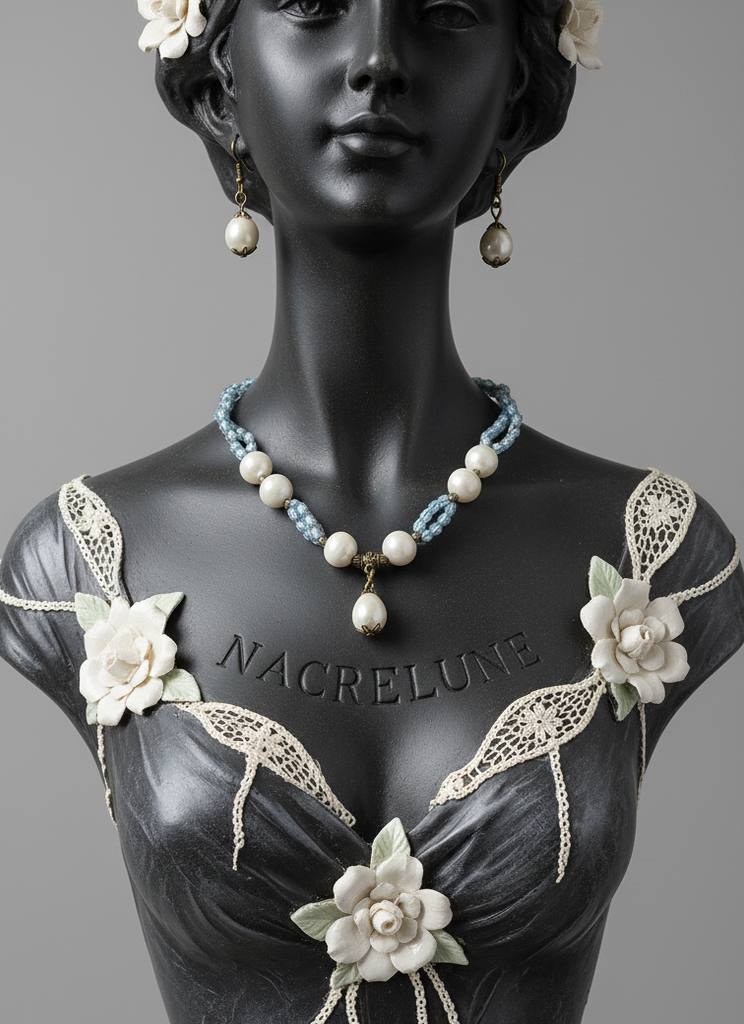 Parure Pierres de Lune Grises & Perles de Culture Bleues - Feminite Intuition & Sagesse | NACRELUNE NACRELUNE parure