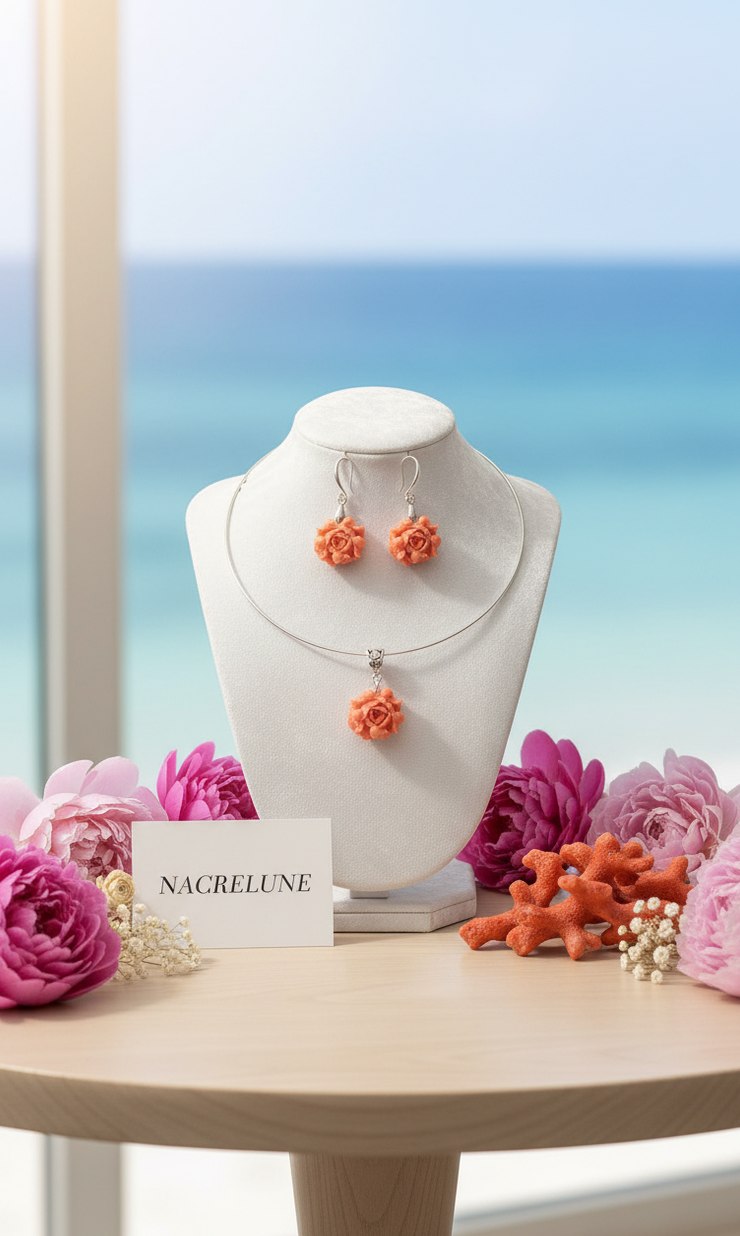 Parure Pivoine Corail | Collier Ras-de-Cou Rigide & Boucles d'Oreilles | NACRELUNE NACRELUNE parure