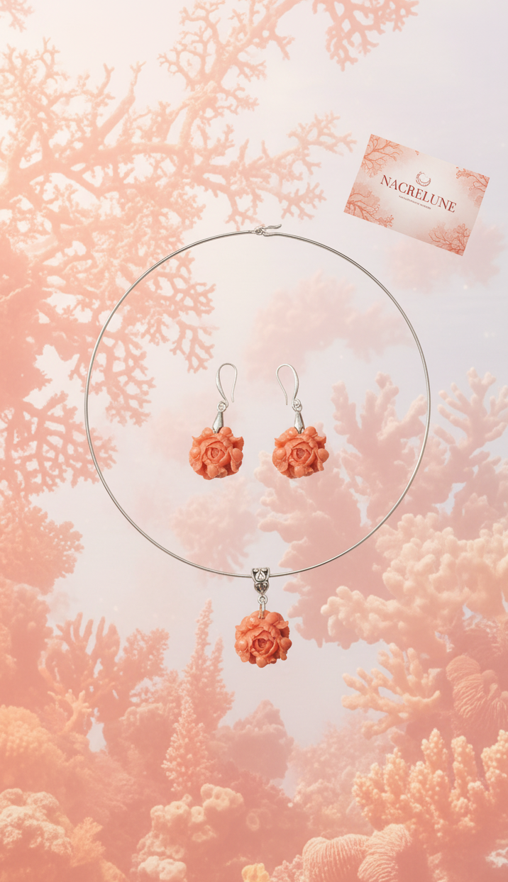 Parure Pivoine Corail | Collier Ras-de-Cou Rigide & Boucles d'Oreilles | NACRELUNE NACRELUNE parure