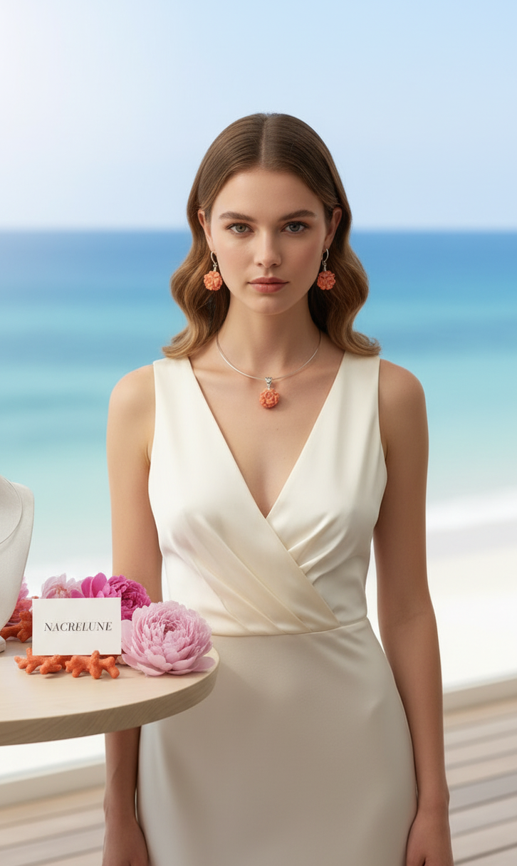 Parure Pivoine Corail | Collier Ras-de-Cou Rigide & Boucles d'Oreilles | NACRELUNE NACRELUNE parure