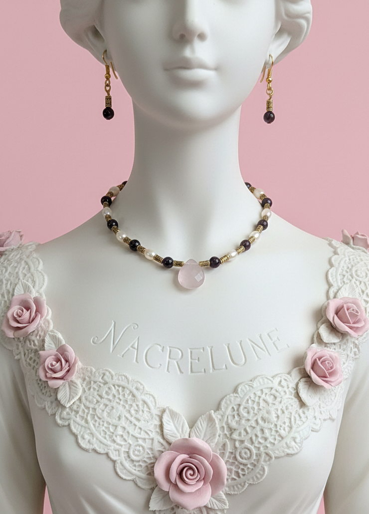 Parure Rubis Polis & Perles de Culture avec Quartz Rose Sculpte - Amour & Vitalite | NACRELUNE NACRELUNE parure