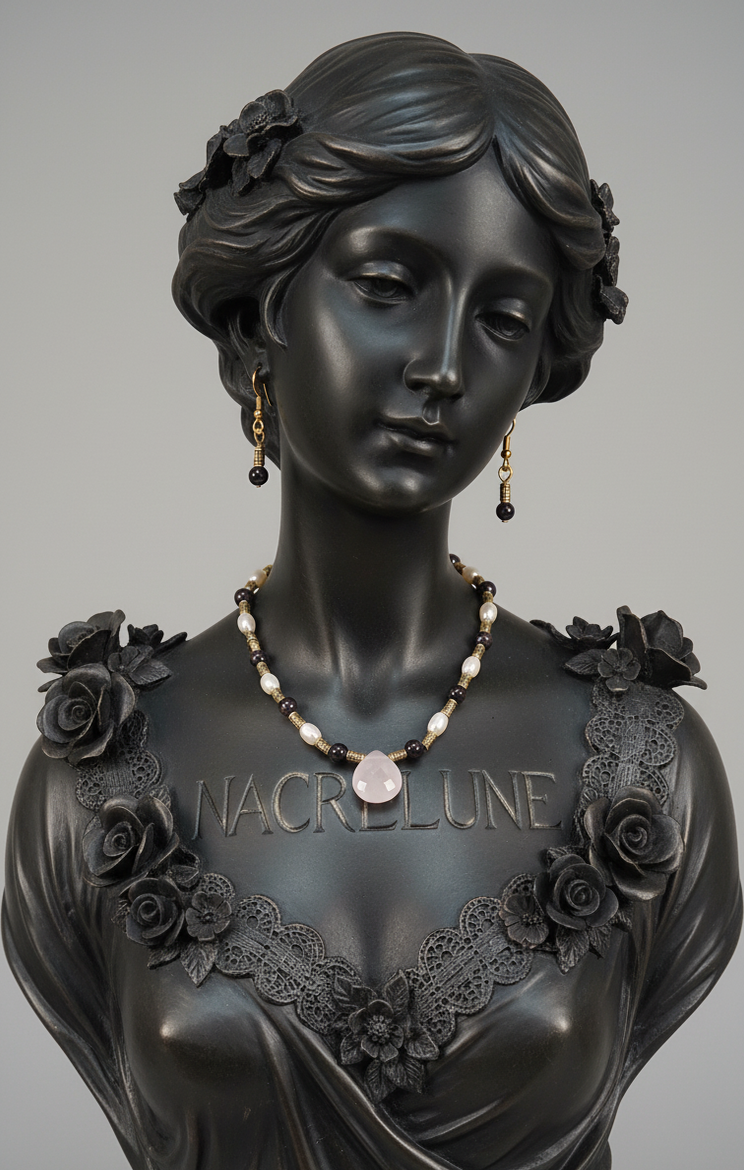 Parure Rubis Polis & Perles de Culture avec Quartz Rose Sculpte - Amour & Vitalite | NACRELUNE NACRELUNE parure