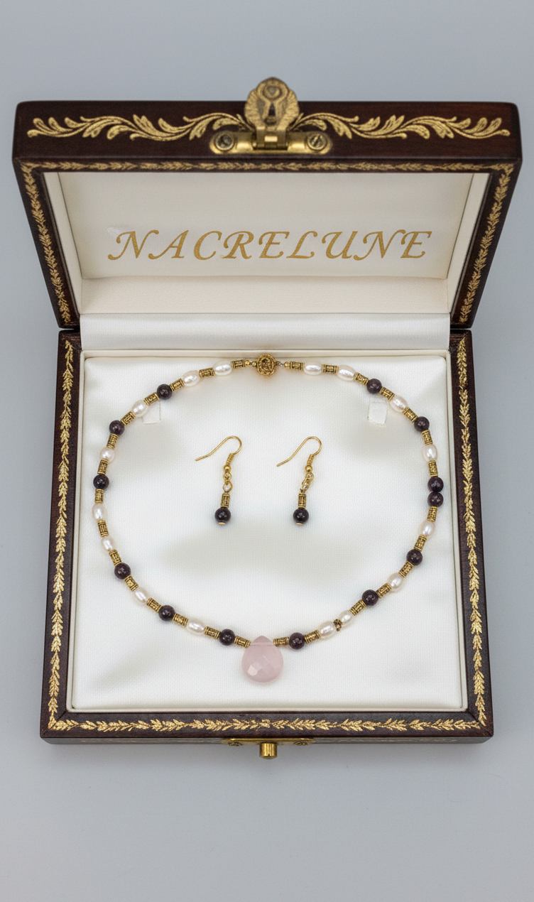 Parure Rubis Polis & Perles de Culture avec Quartz Rose Sculpte - Amour & Vitalite | NACRELUNE NACRELUNE parure