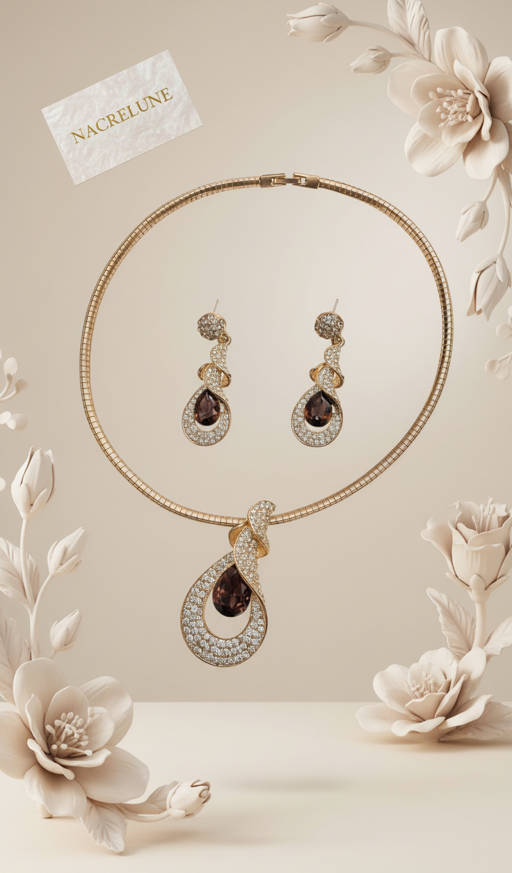 Parure Topaze Marron & Zirconia Entouré de Strass | Collier et Boucles d'Oreilles | NACRELUNE nacrelune.com parure