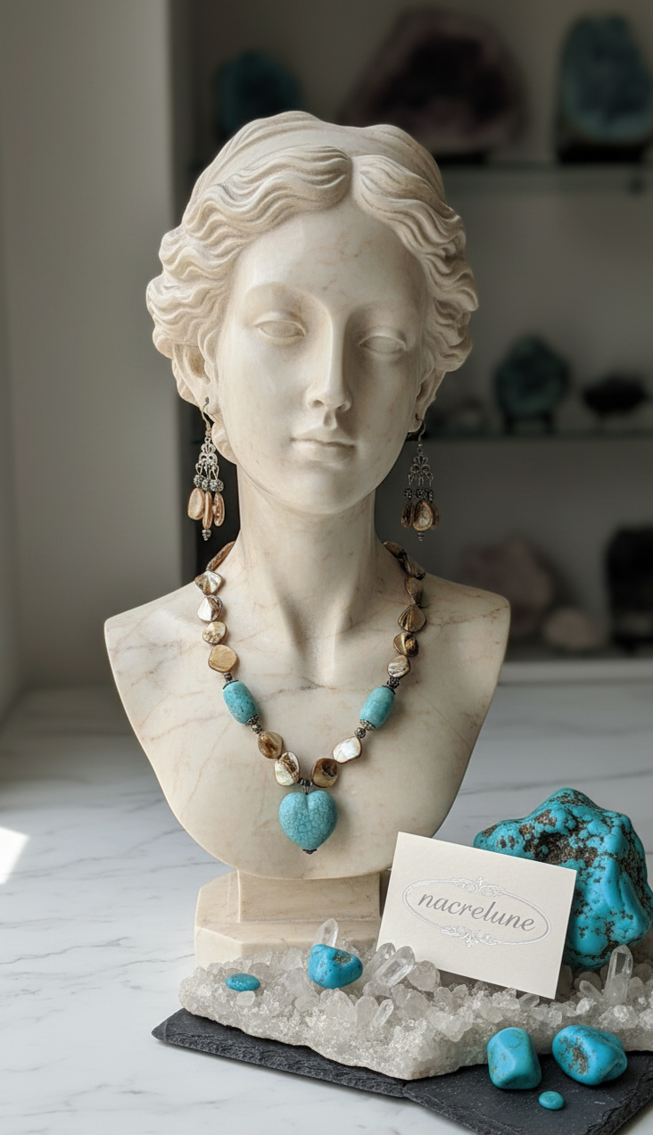 Parure Turquoises & Perles de Nacre – Collier et Boucles Cœur | NACRELUNE nacrelune.com parure