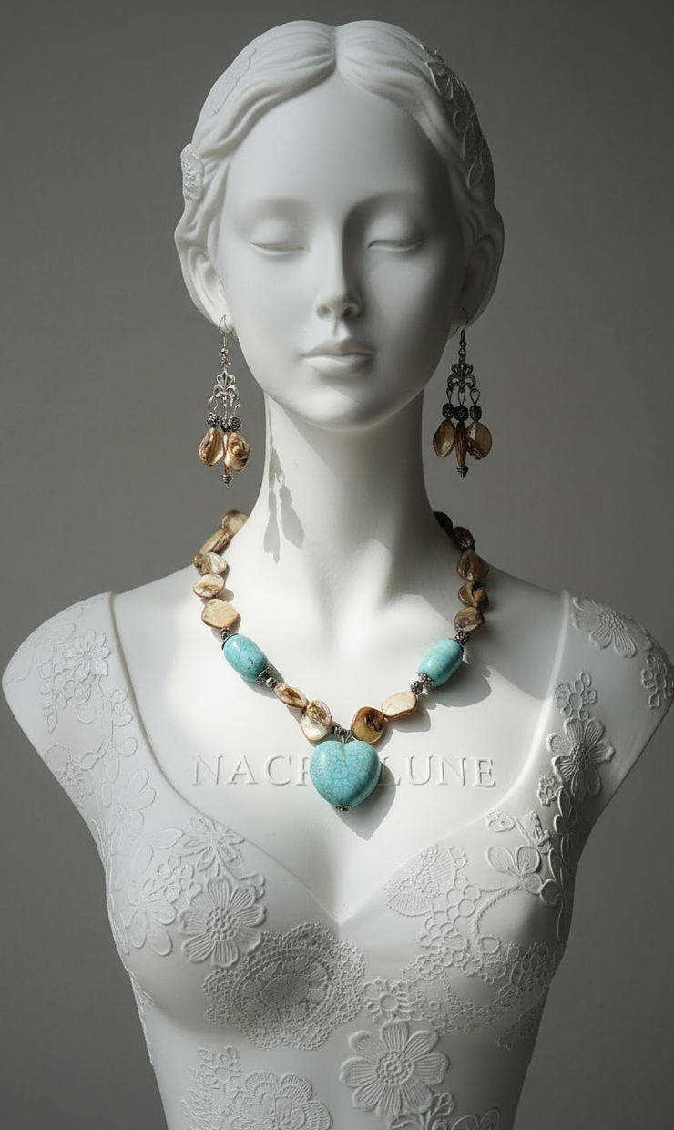 Parure Turquoises & Perles de Nacre – Collier et Boucles Cœur | NACRELUNE nacrelune.com parure