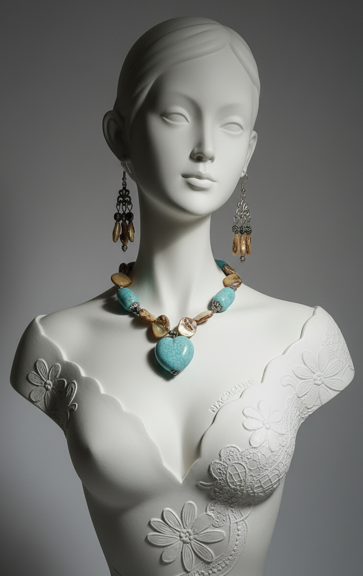Parure Turquoises & Perles de Nacre – Collier et Boucles Cœur | NACRELUNE nacrelune.com parure