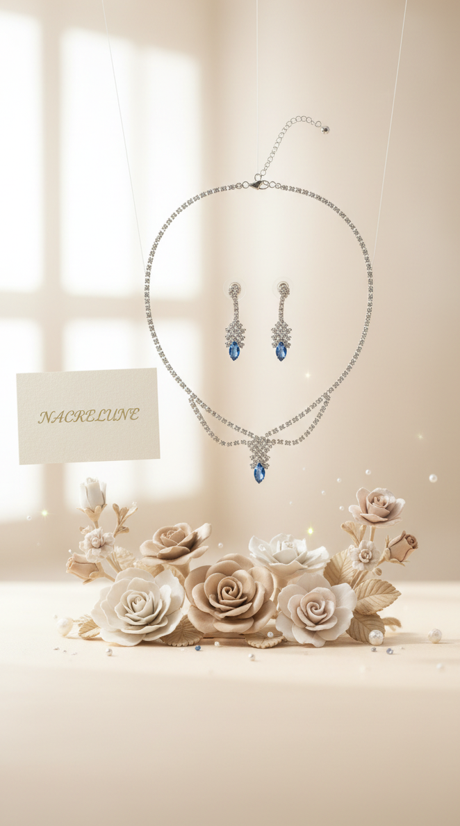 👑 Parure Vintage en Strass Bleu et Blanc | Collier, Boucles d'Oreilles & Bracelet | NACRELUNE nacrelune.com parure