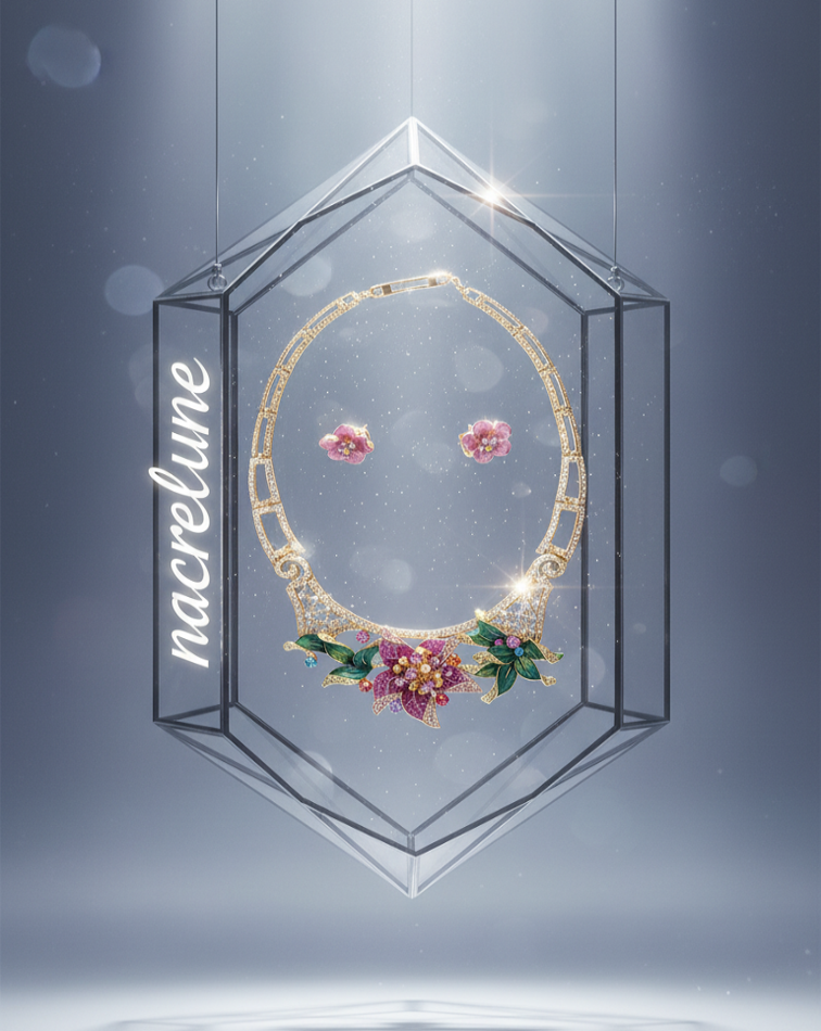 Conjunto de joyas con gran flor de esmalte y pedrería rosa.