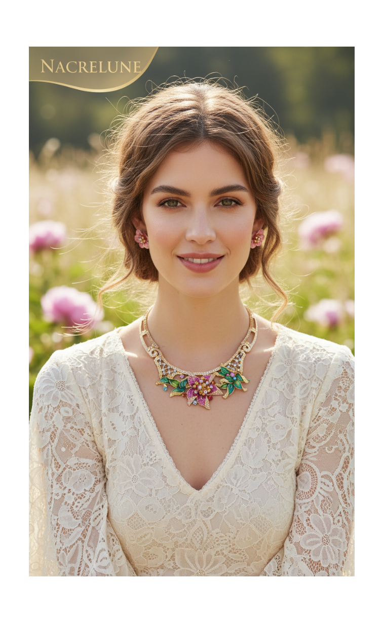 Parure avec grande fleur rose strass et émail