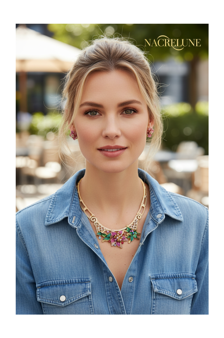 Parure avec grande fleur rose strass et émail