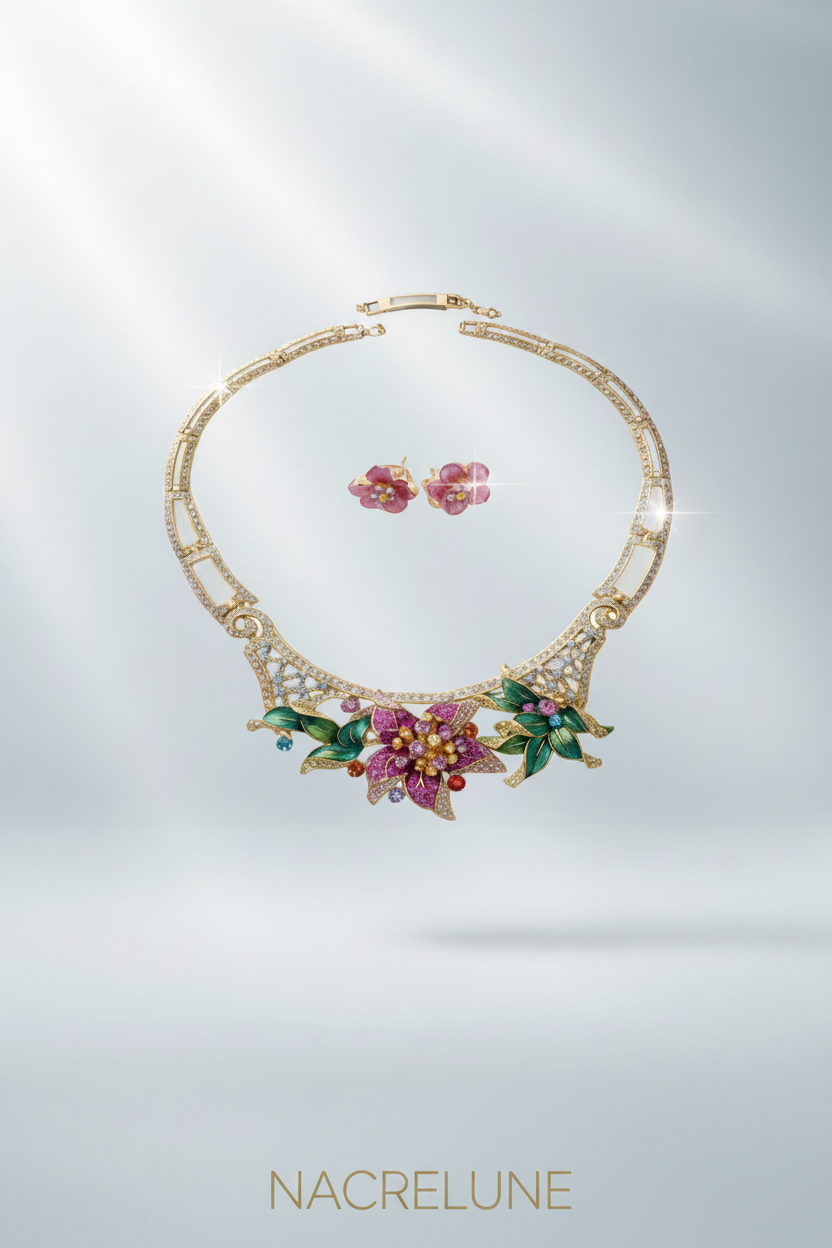 Conjunto de joyas con gran flor de esmalte y pedrería rosa.