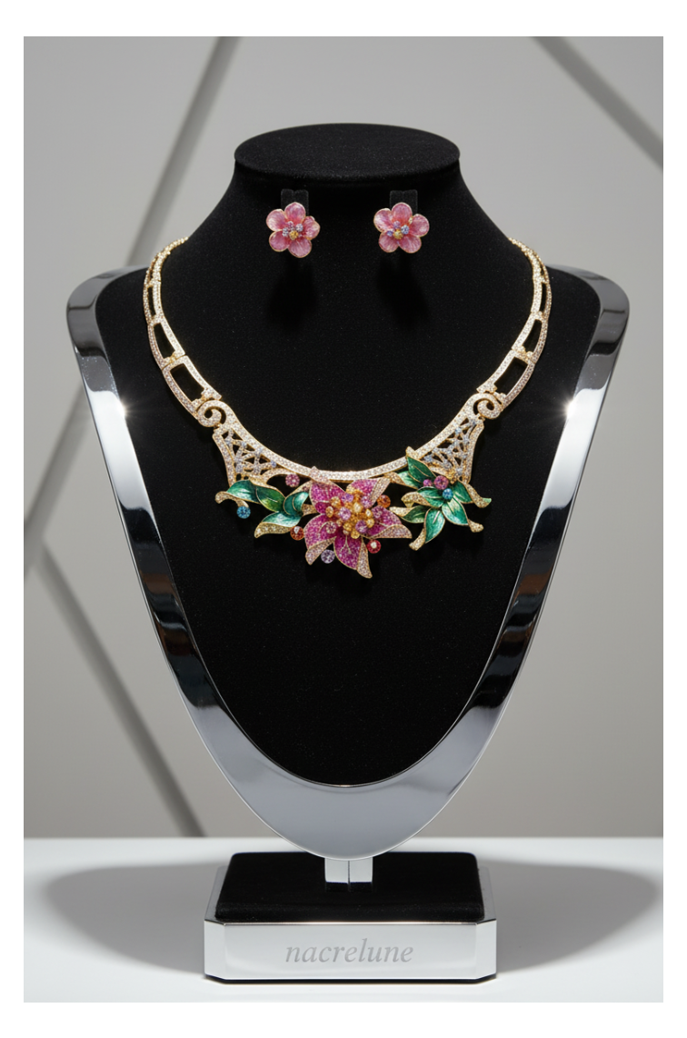 Conjunto de joyas con gran flor de esmalte y pedrería rosa.