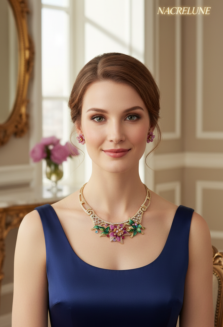 Parure avec grande fleur rose strass et émail