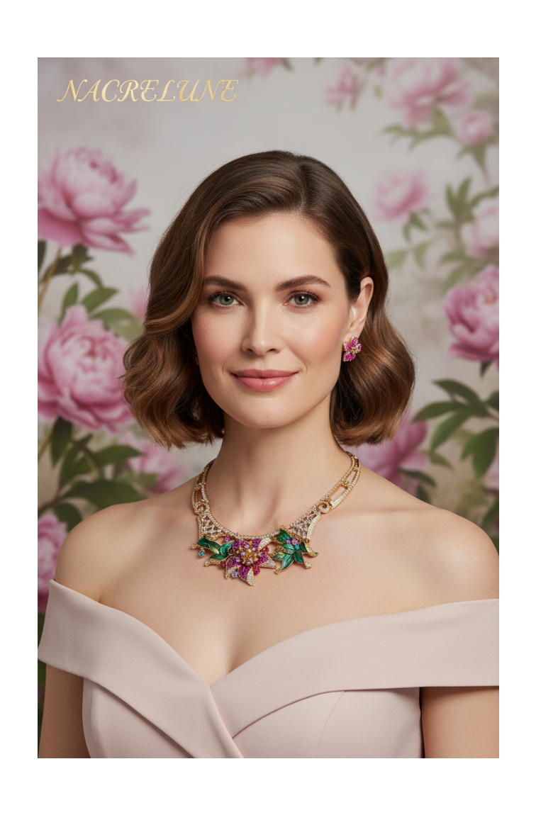 Conjunto de joyas con gran flor de esmalte y pedrería rosa.
