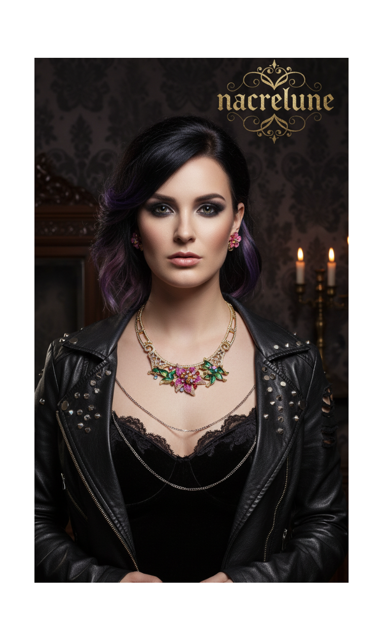 Conjunto de joyas con gran flor de esmalte y pedrería rosa.