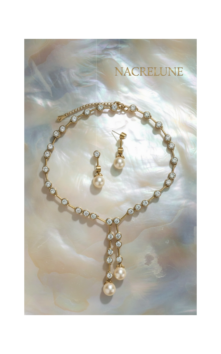 Gold jewelry set with large fancy pearls and rhinestones