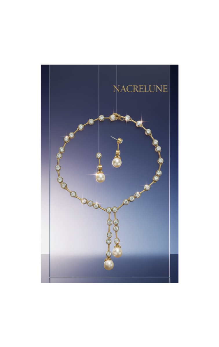 Gold jewelry set with large fancy pearls and rhinestones