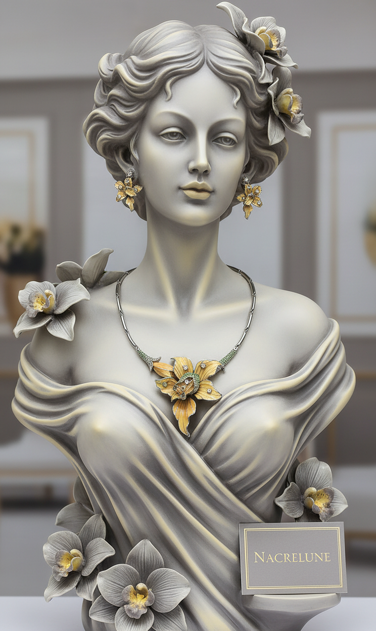 Enamel and rhinestone orchid-shaped jewelry set