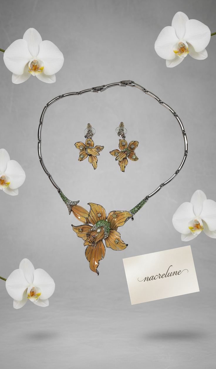 Enamel and rhinestone orchid-shaped jewelry set