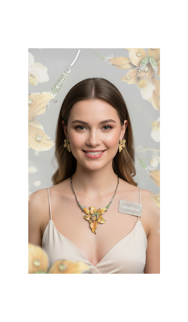 Enamel and rhinestone orchid-shaped jewelry set