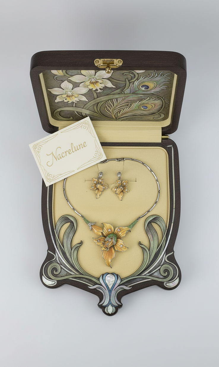 Enamel and rhinestone orchid-shaped jewelry set