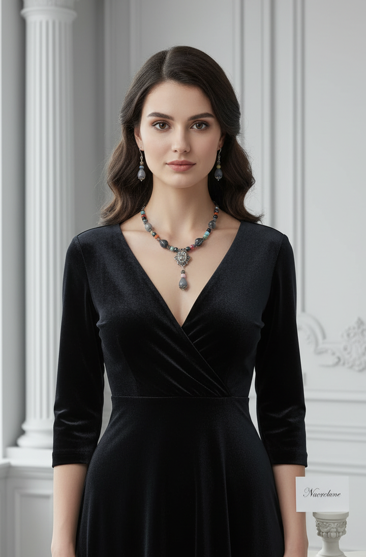Parure en Perles d'Agate Grise & Porcelaine Colorées | Collier et Boucles d'Oreilles | NACRELUNE nacrelune.com parure
